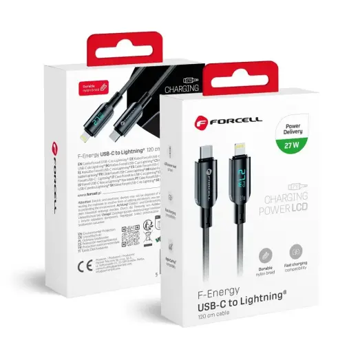 Forcell F-Energy C276 duomenų perdavimo ir įkrovimo laidas | USB-C į Lightning | PD | 27W | su LED ekranu | 1.2m | juodas