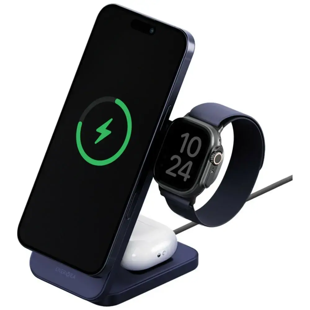 ENERGEA MagTrio 2 3-in-1 bezvadu lādētājs | Qi 2.2 | Saderīgs ar MagSafe | 25W | zils