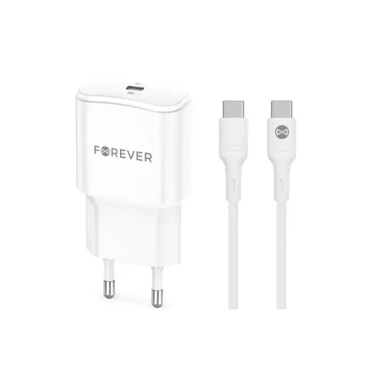 Forever TC-01-20C tīkla lādētājs | 20W | PD, QC | USB-C | USB-C uz USB-C vads komplektā | balts
