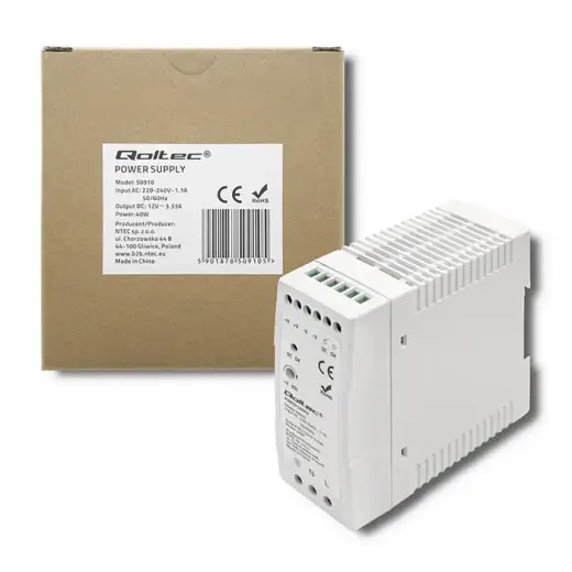 Qoltec DIN rail power supply | 40W | 12V | 3.33A | White | Slim