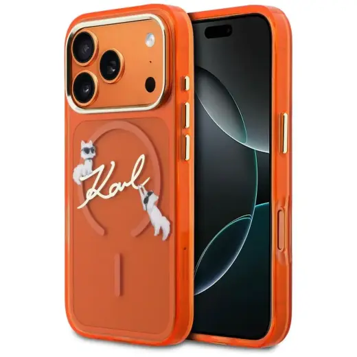 Karl Lagerfeld IML Choupettes Karl Script Logo maciņš ar MagSafe atbalstu telefonam iPhone 17 Pro oranžs