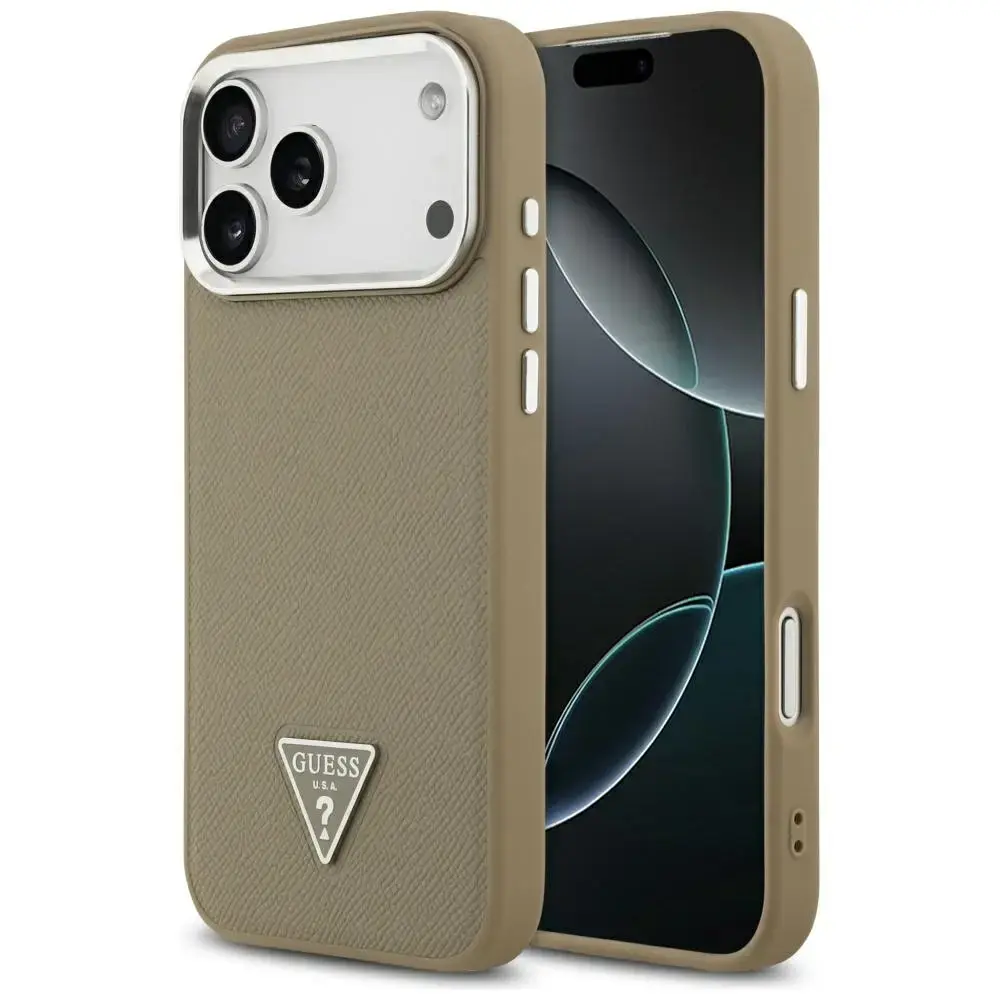 Guess Grained Triangle Logo maciņš ar MagSafe atbalstu telefonam iPhone 17 Pro Max brūns