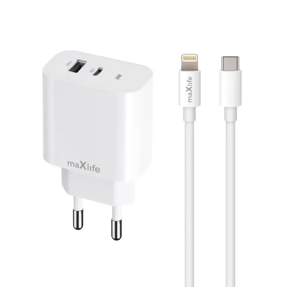 Maxlife MXTC-06-20AC tīkla lādētājs | 20W | PD, QC | USB-C, USB-A | USB-C uz Lightning vads komplektā | balts