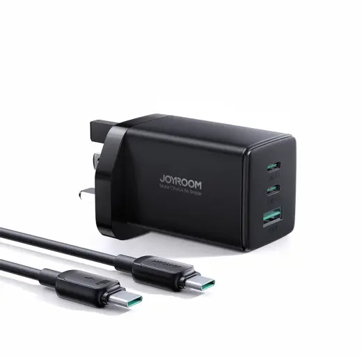 Joyroom JR-TCG01 Ultra GaN 65W Wall Charger 2 x USB-C + 1 x USB-A (UK plug) with 100W 1.2m USB-C Cable - Black