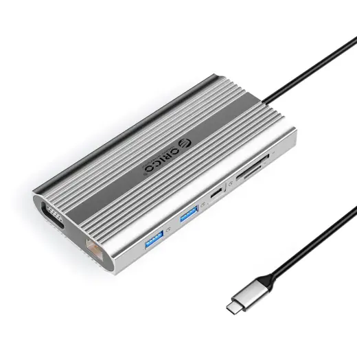 Orico XDR 12in1 USB-C Docking Station USB-A USB-C HDMI 4K VGA RJ45 Gigabit PD 100W SD and microSD Card Reader - Silver