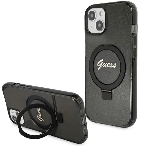 Guess Ring Stand Script Glitter MagSafe Case for iPhone 15 Plus | 14 Plus - Black