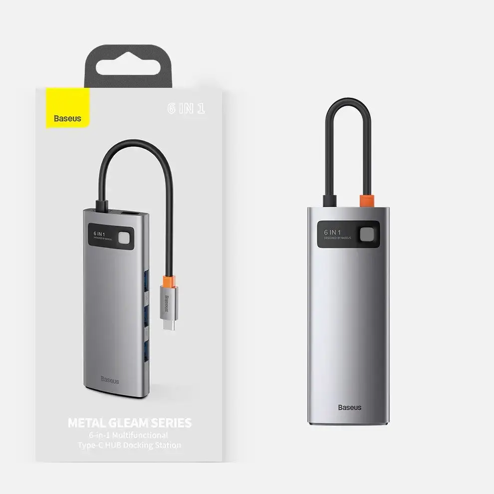 Baseus Metal Gleam 6in1 multifunctional HUB USB Type C - USB Type C Power Delivery 100 W | HDMI 4K 30 Hz | 3x USB 3.2 Gen 1 | RJ45 1 Gbps (CAHUB-CW0G)