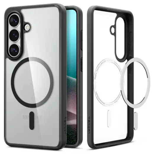 Spigen Ultra Hybrid Mag telefono dėklas su MagSafe palaikymu Samsung Galaxy S26+ (S947) skaidrus juodas