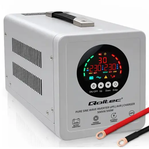 Qoltec Pure Sine Wave UPS | 500VA/350W | 12/230V inverter with AVR | LCD | LiFePO4 AGM GEL 