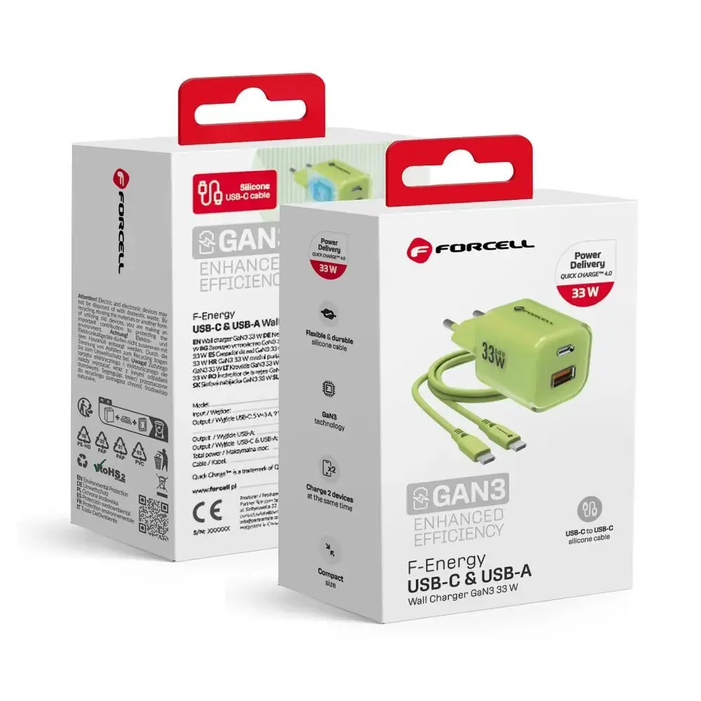 Forcell F-Energy GaN III Crystal Color reisilaadija | 33W | PD, QC, GaN | USB-C, USB-A | USB-C kuni USB-C kaabliga komplektis | roheline