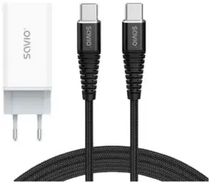 Savio LA-10 tīkla lādētājs | 30W | PD, QC | USB-A, USB-C | ar USB-C uz USB-C vadu komplektā