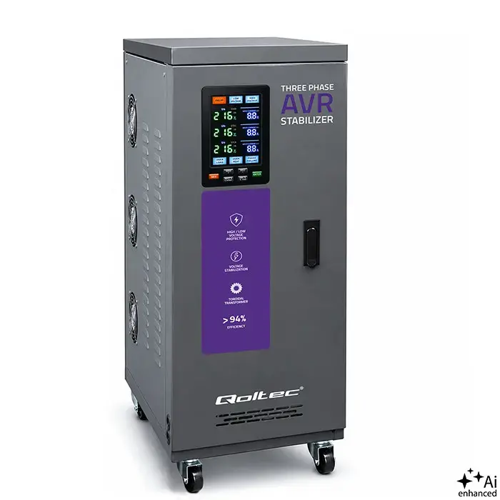 Qoltec Three-phase AVR MULTIPROTECTION voltage stabiliser | 15kVA | Accuracy ± 3% | 3-phase servo motor | LCD