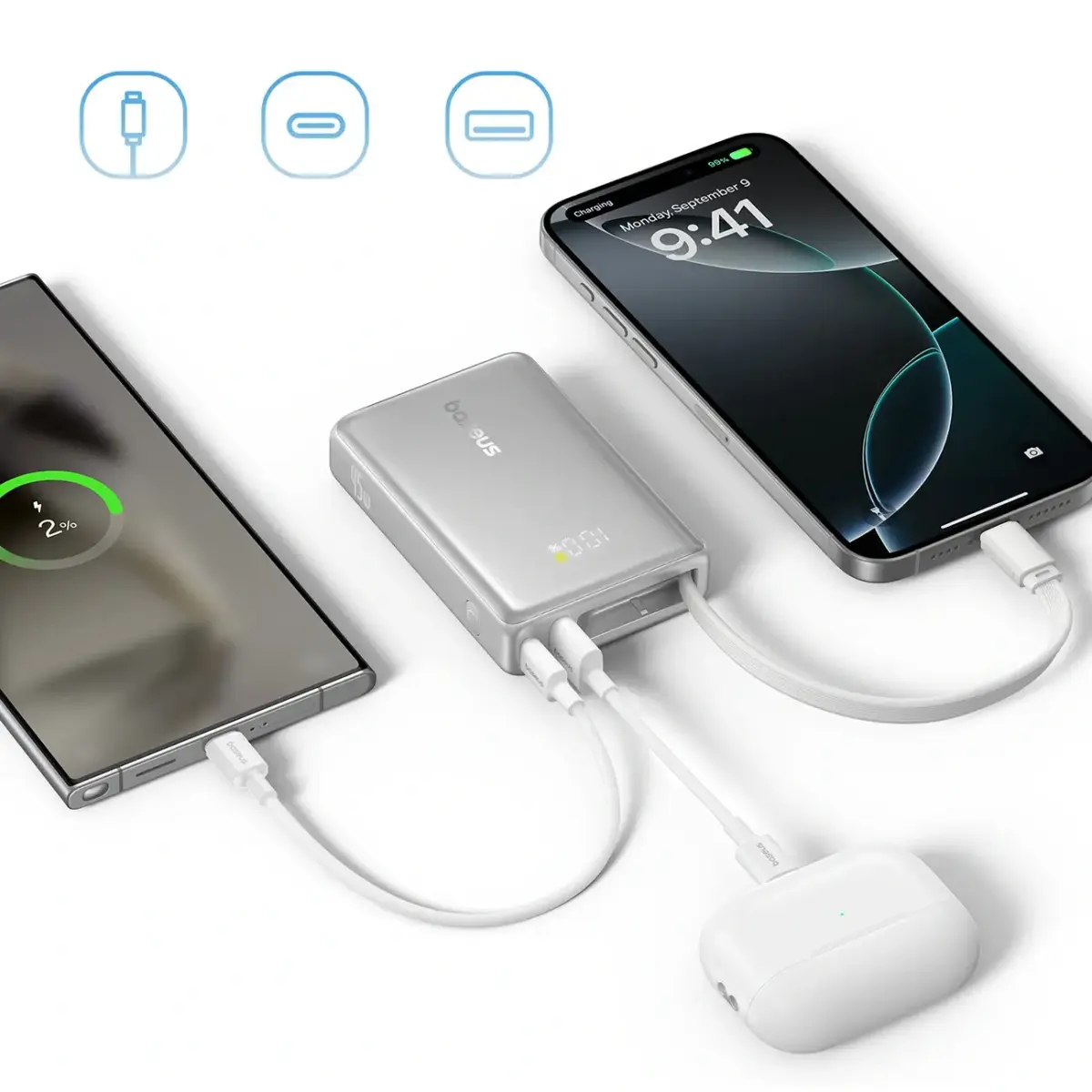 Baseus PicoGo 10000mAh 45W Powerbank with Digital Display and Built-in USB-C Cable - Titanium