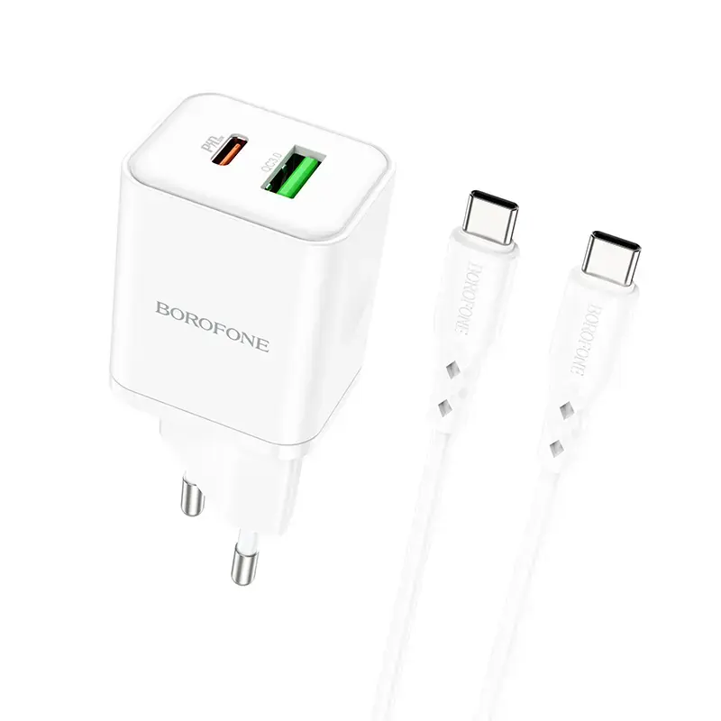 Borofone BN7 kelioninis įkroviklis | 20W | QC3.0, PD | USB-A, USB-C | su USB-C į USB-C kabeliu komplekte | baltas