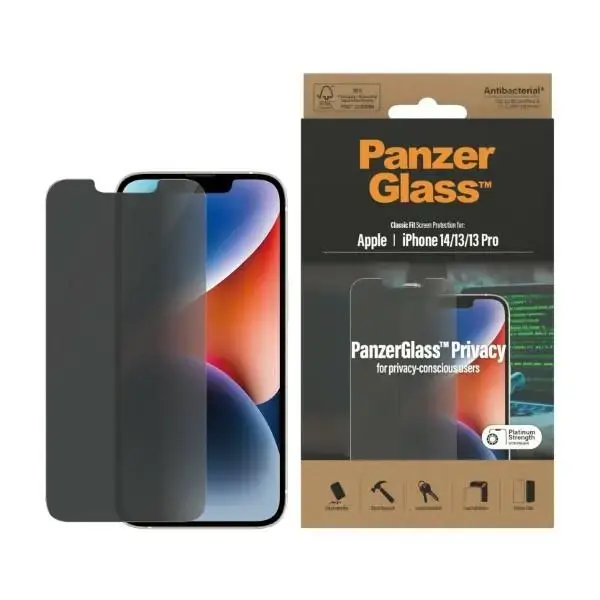 PanzerGlass Classic Fit Privacy grūdintas stiklas telefonui iPhone 14 | iPhone 13 Pro | iPhone 13 6,1", antibakterinis, P2767