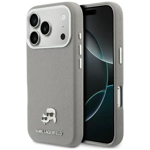 Karl Lagerfeld Karl & Choupette Head Pins Saffiano чехол с поддержкой MagSafe для телефона iPhone 17 Pro серый