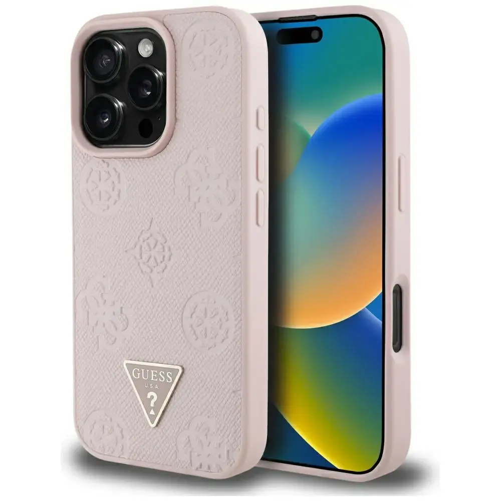Guess Grained Hot Stamp Peony Triangle Logo MagSafe telefona maciņš iPhone 16 Pro rozā