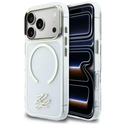 Karl Lagerfeld IML KL Script Logo maciņš ar MagSafe atbalstu telefonam iPhone 17 Pro caurspīdīgs
