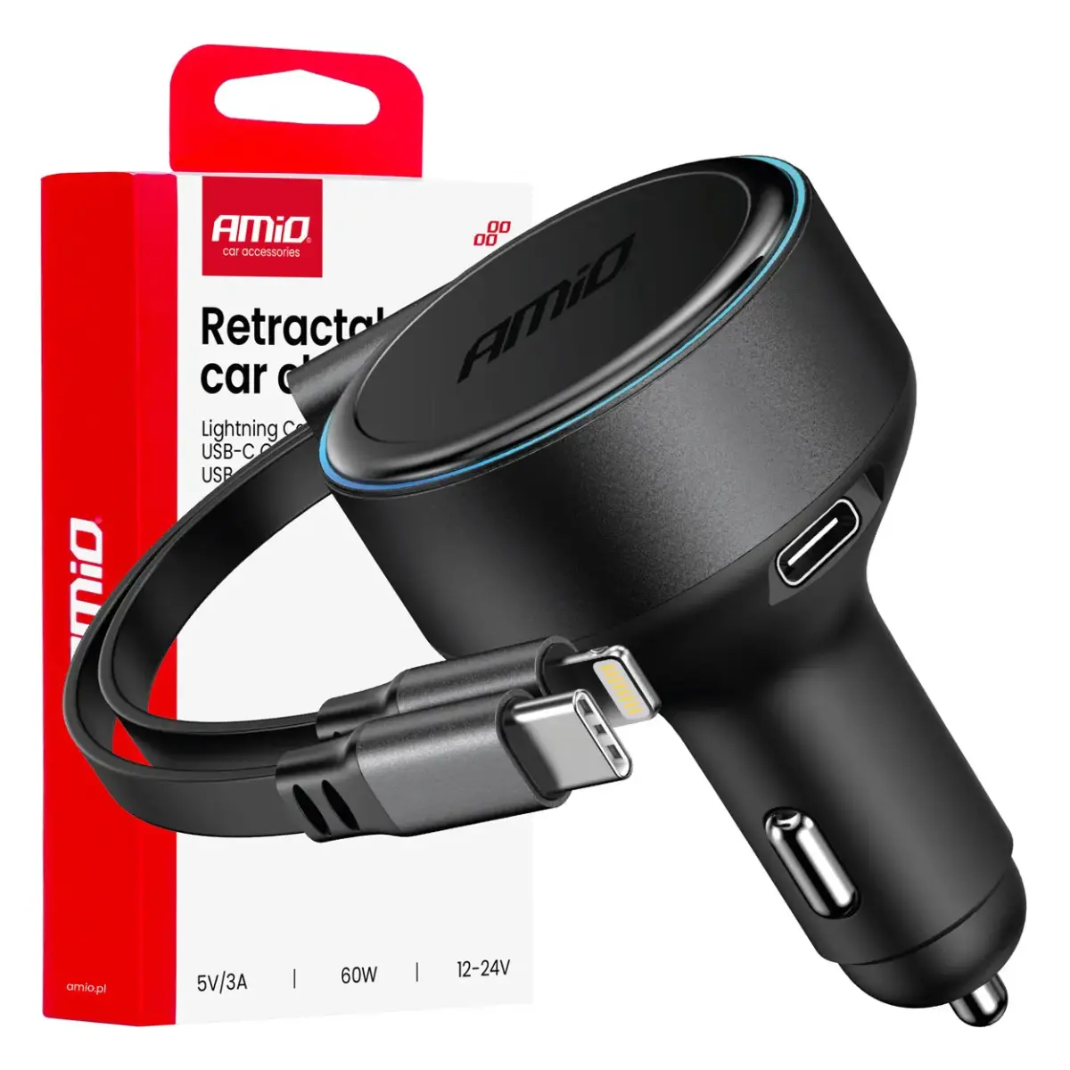 AMiO AMiO-04370 auto lādētājs | 60W | USB-C, Lightning | ar ievelkamu USB-C un Lightning vadu komplektā