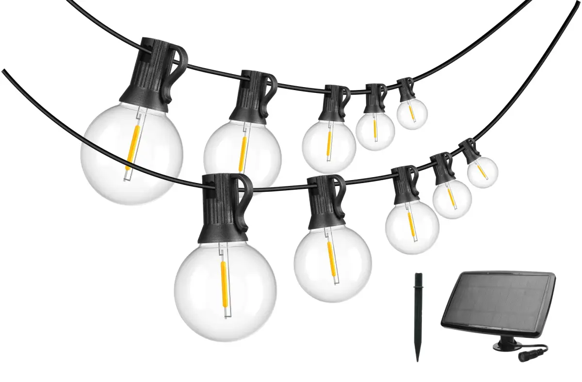 Dek. lampu virtene ar saules bat.,G40 E12x25gb, 15m, silti b
