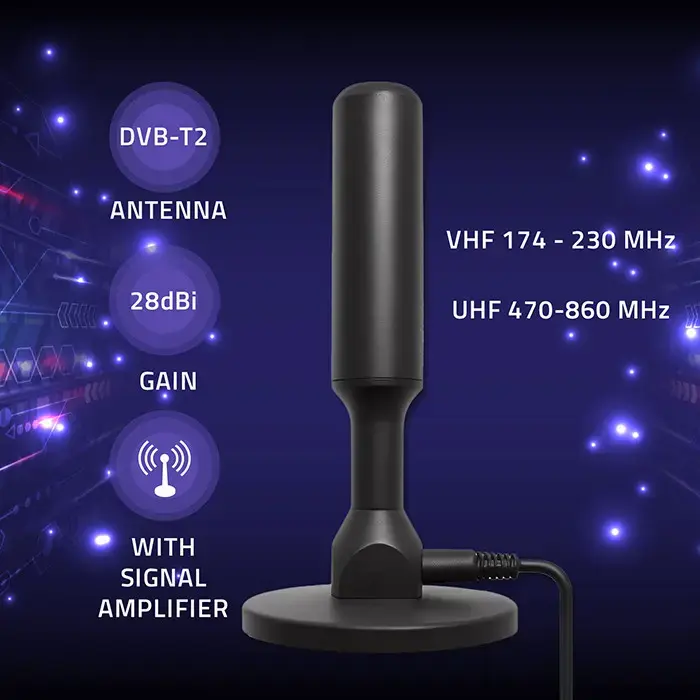 Qoltec Indoor DVB-T2 TV antenna with signal amplifier and magnetic base | 4K | 28dBi | 5m