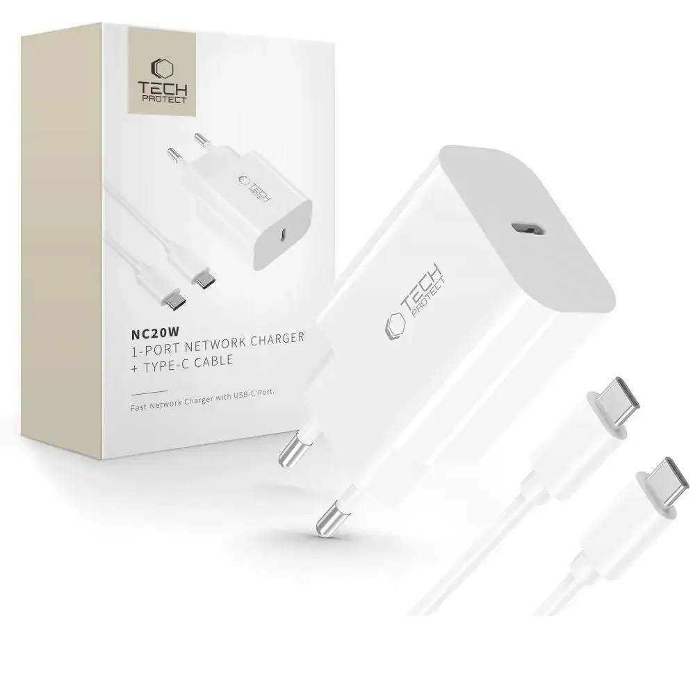 Tech-Protect NC20W tīkla lādētājs | 20W | PD | USB-C | ar USB-C vadu | balts