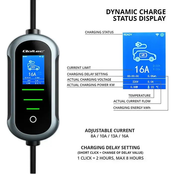 Qoltec Mobile EV Electric Car Charger with 2-in-1 Type 2 Adjustment | 11kW | 400V | CEE 32A | Wifi | TUYA | SMART LIFE | LCD | Portable | 5m