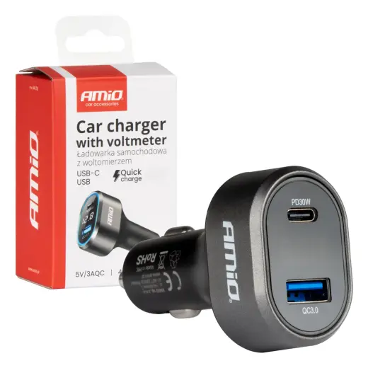 AMiO 04178 auto lādētājs | 30W | PD, QC | USB-C, USB-A | LED displejs