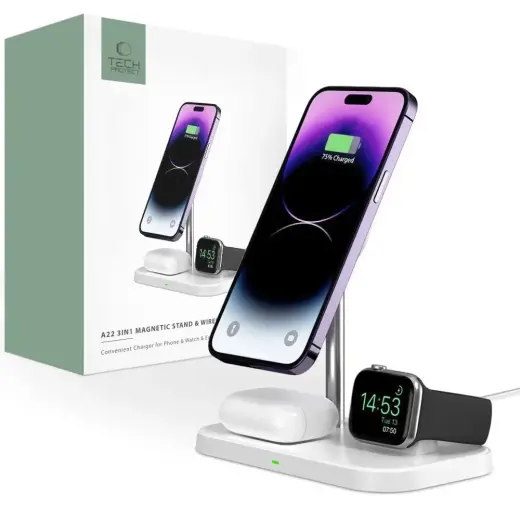 Tech-Protect A22 3-in-1 bezvadu lādētājs | Qi | Saderīgs ar MagSafe | 15W | balts