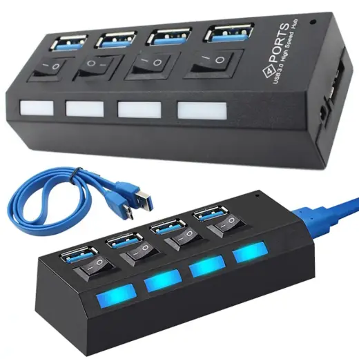 Fusion adapteris (sadalītājs) USB 3.0 uz 4 x USB 3.0 | 5Gbps ar atsevišķām ieslēgšanas | izslēgšanas pogām, melns