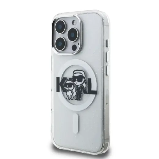 Karl Lagerfeld IML Glitter Karl and Choupette Sketch MagSafe Case for iPhone 16 Pro Transparent