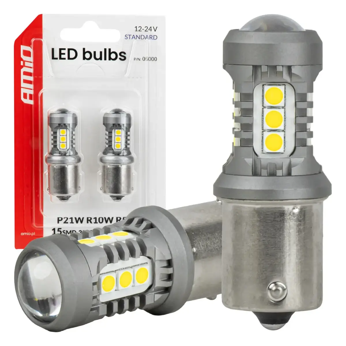 LED bulbs STANDARD BA15S P21W 3030 15SMD White 12/24V AMIO-05000