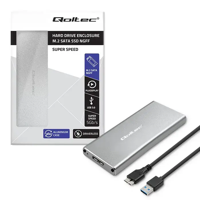 Qoltec Aluminium Enclosure | M.2 SSD drive | SATA | NGFF| USB 3.0 | Super speed 5GB/s | 2TB | Silver