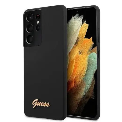 GUHCS21LLSLMGBK Guess Silicone Metal Logo Script Cover for Samsung Galaxy S21 Ultra Black