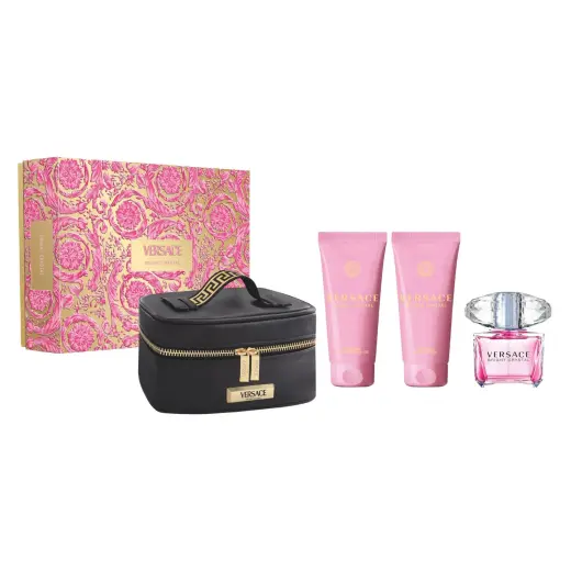 Set Versace: Bright Crystal, Eau De Toilette, For Women, 90 ml + Bright Crystal, Hydrating, Body Lotion, 100 ml + Bright Crystal, Shower Gel, 100 ml + Versace, Zippered, GWP Textile Pouch, Black
