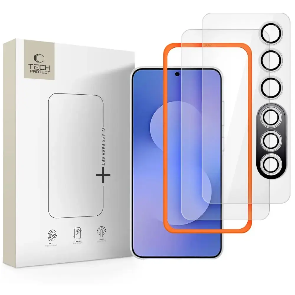 Tech-Protect Easy Set+ aizsargstikls telefona ekrānam Galaxy S25 FE ar uzstādīšanas rāmi (3 gab.)