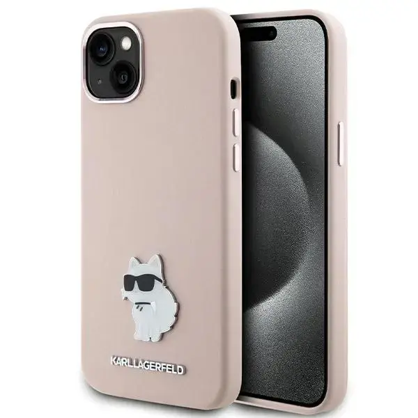 Karl Lagerfeld Silicone Choupette Metal Pin Case for iPhone 15 Plus | 14 Plus - Pink