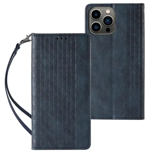 Magnet Strap knyginio tipo telefono dėklas su stovu iPhone 14 Plus mėlynas