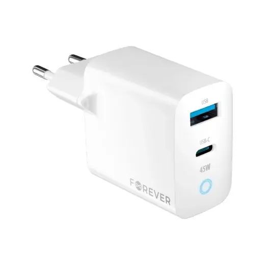 Forever TC-06 kelioninis įkroviklis | 45W | PD, QC, GaN | USB-C, USB-A | baltas