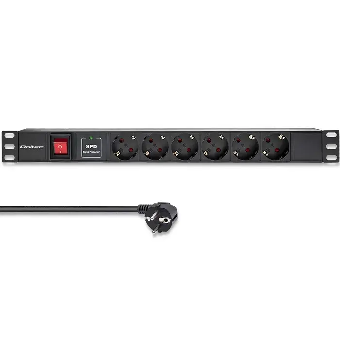 Qoltec Aluminium Power strip for RACK 19'' | 1U | 16A | PDU | 6xSCHUKO | 1.8m