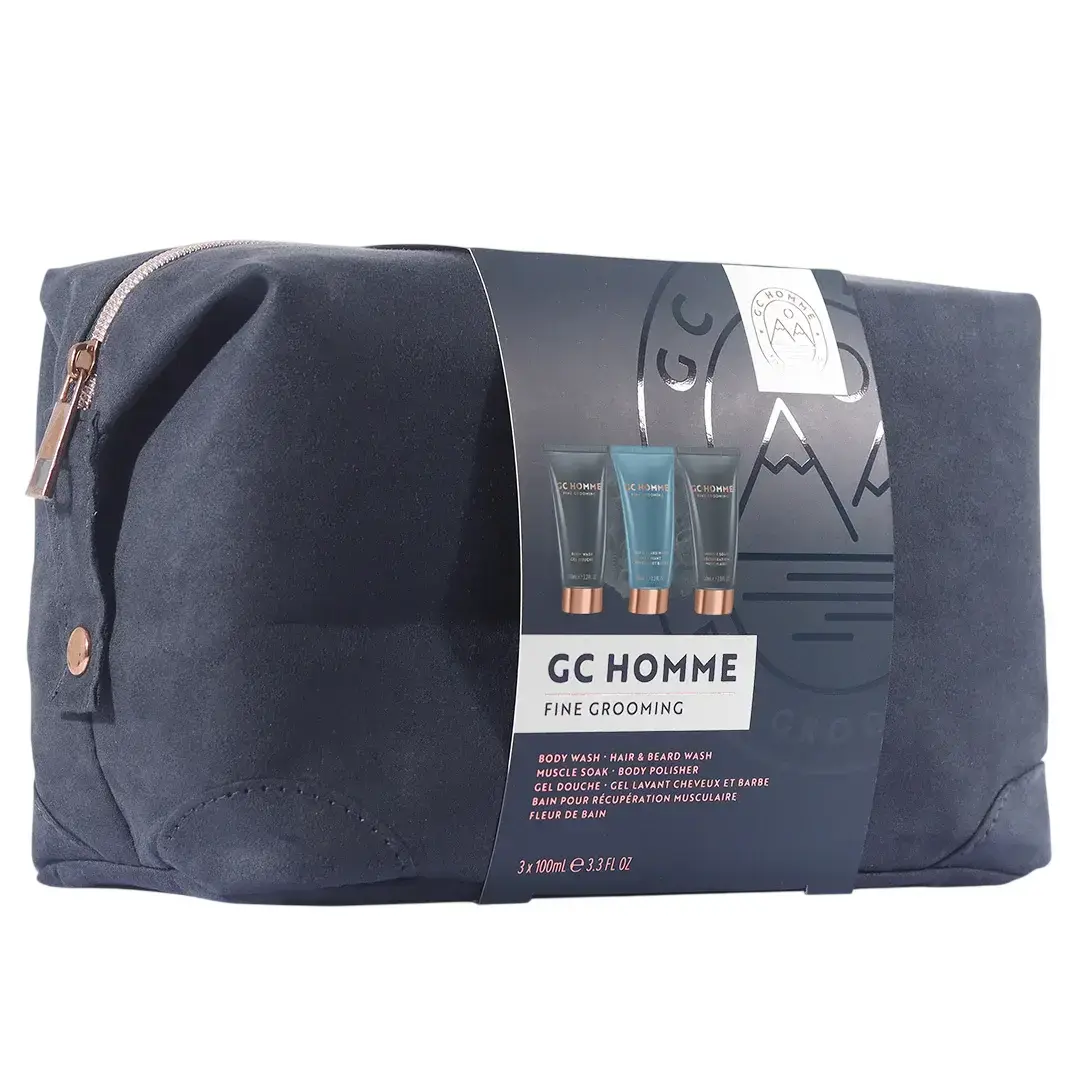 Set The Luxury Bathing Company: GC Homme, Cleansing & Refreshing, Shower Gel, For All Skin Types, 100 ml + GC Homme, Citrus & Aromatic, Shower Gel & Shampoo 2-In-1, 100 ml + GC Homme, Relaxes & Relieves Tension, Body Wash, 100 ml + The Luxury Bathing Company, Zippered, GWP Textile Pouch, Dark Blue + GC Homme, Cleanse & Scrub, Body Sponge