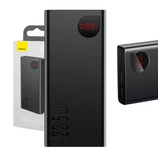 Baseus Adaman Metal внешний аккумулятор (powerbank) | 20000 mAh | 22.5W | USB-A, USB-C, Lightning, Micro USB | LED дисплей | черный