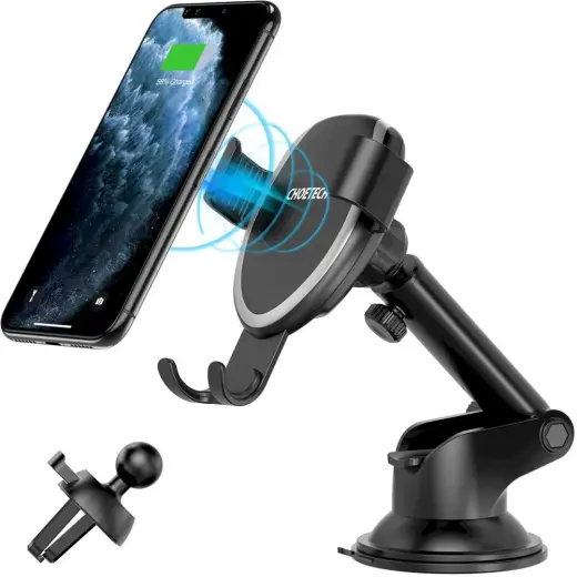 Choetech Qi Wireless Charger 10W Gravity Car Cockpit Holder Dashboard + Clip for Ventilation Grille Airflow + 1.2m Micro USB Cable Black (T536-S)