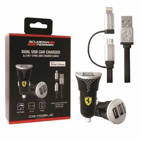 Ferrari FEBCCCBUNBK automašīnas lādētājs | 10,5 W | MFI | USB-A, Micro USB, Lightning | ar Micro USB/Lightning kabeli iekļauts | melns