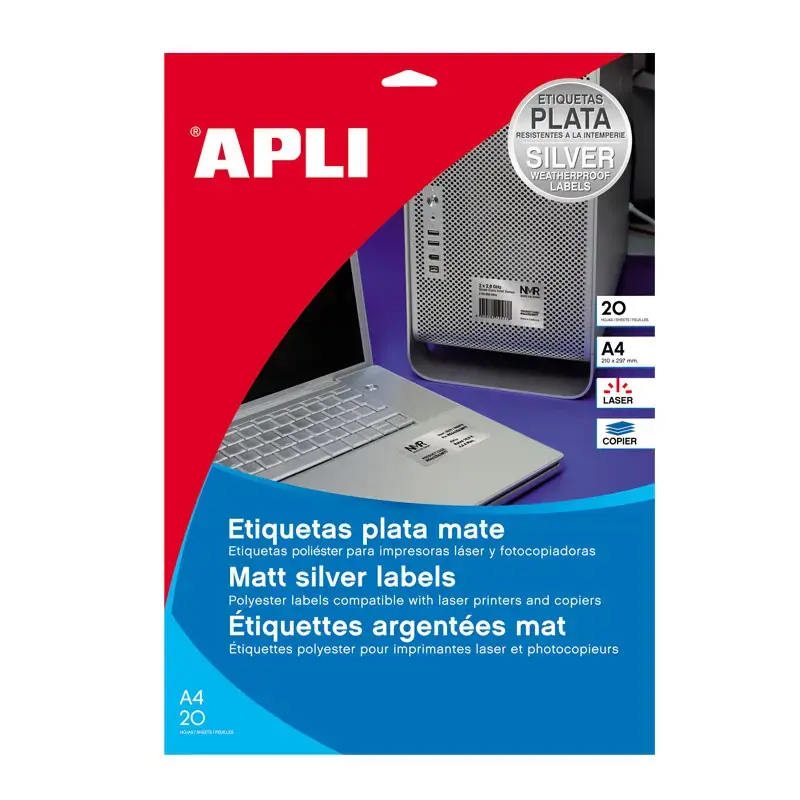 Uzlīmes APLI, ūdensizturīgas, ar izmēru 45,7x21.2mm, 20 loksnes/960 uzlīmes, sudraba