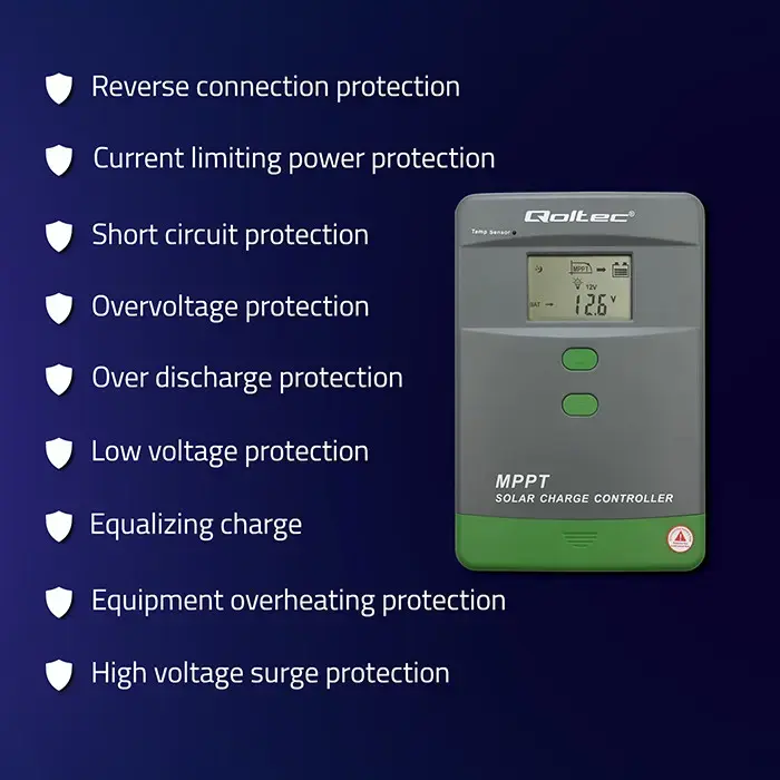 Qoltec Solar Charge Controller MPPT with Temperature Sensor 60A | 12V / 24V | LCD | Bluetooth | APP | GEL | LiFePO4