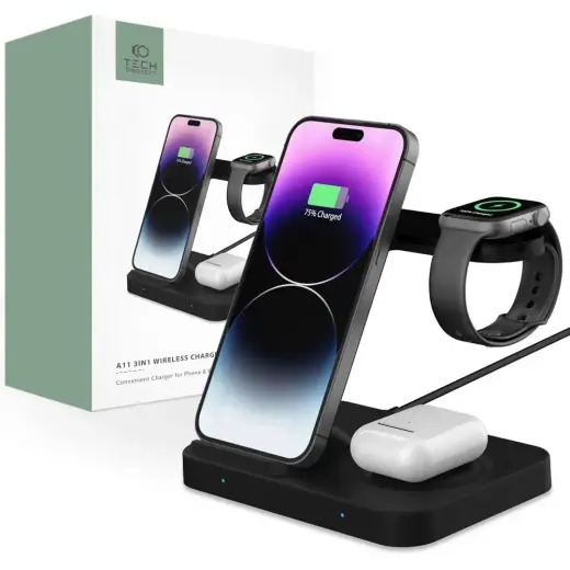 Tech-Protect A11 15W inductive charger in the form of a 3-in-1 stand for smartphone | headphones | smartwatch - black