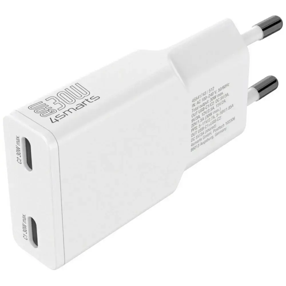 4smarts FlatPlug Slim Dual tīkla lādētājs | 30W | PD, GaN | USB-C | balts
