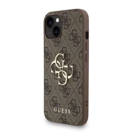 Guess PU 4G metāla logotipa siksna uz iPhone 15 brūnu