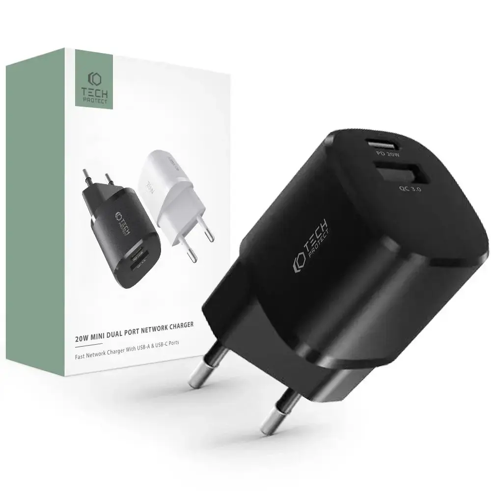 Tech-Protect C20W зарядное устройство | 20W | PD, QC3.0 | USB-C, USB-A | черное